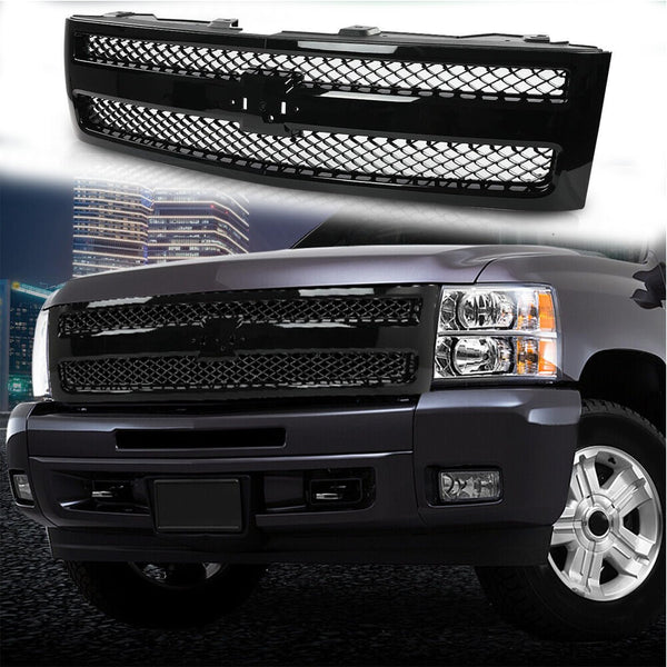 BUFEETERS Front Upper Grille Fit For 2007 2008 2009 2010 2011 2012 2013 Chevrolet Silverado 1500,Mesh insert Style,Gloss Black Shell w/ Black Insert