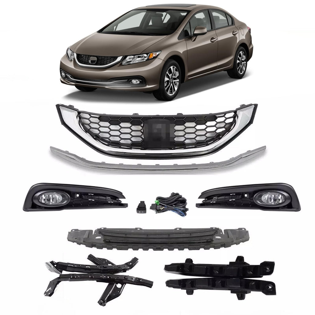 BUFEETERS  11PCS Front Grille Foglight & Bezels & Brackets Set Fit For 2013 2014 2015 Honda Civic Sedan,Factory Style,Chrome&Black