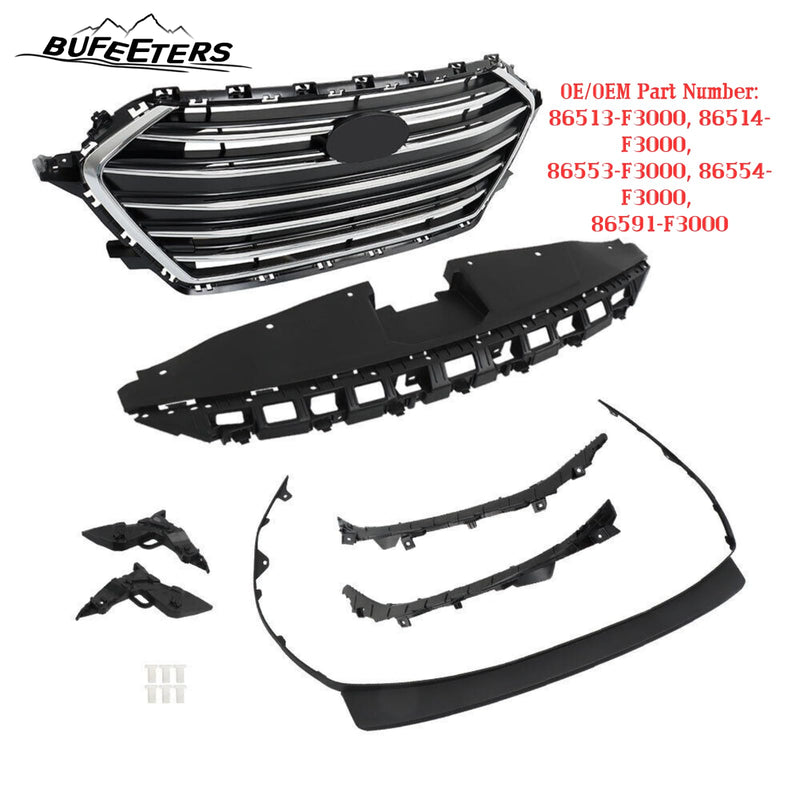 BUFEETERS    7PCS Front Bumper Grille+Radiator Cover+Bumper Lid+4 Brackets Fit For 2017 2018 Hyundai Elantra,Mesh Style,Chrome&Black