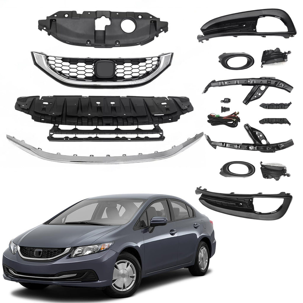 BUFEETERS  14PCS Front Bumper Upper Lower Grille Fog lights Bezel Fit For 2013 2014 2015 Honda Civic Sedan,Honeycomb Style,Chrome&Black
