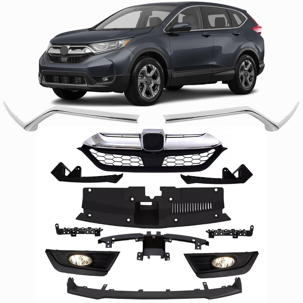 BUFEETERS  12Pcs Front Grille +Bracket + Trim+ Fog Light+Bumper Skid Fit For 2017 2018 2019 Honda CRV CR-V,Factory Style,Chrome&Black