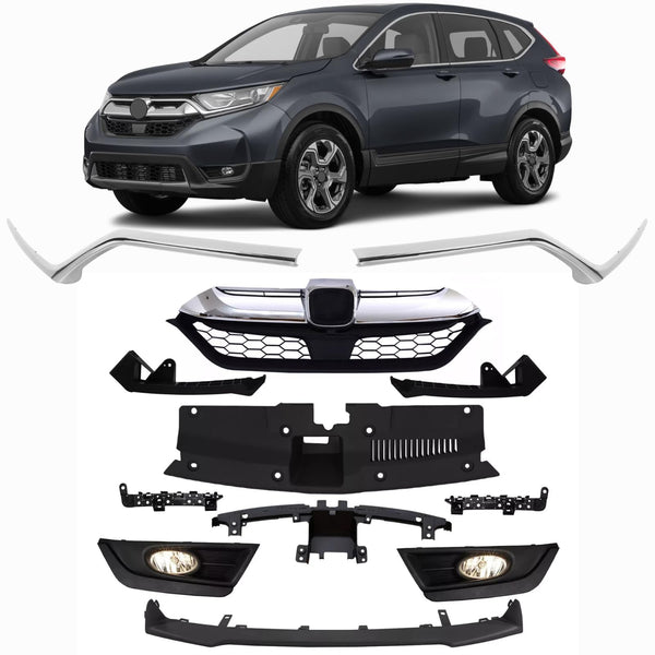 BUFEETERS  12Pcs Front Grille +Bracket + Trim+ Fog Light+Bumper Skid Fit For 2017 2018 2019 Honda CRV CR-V,Factory Style,Chrome&Black