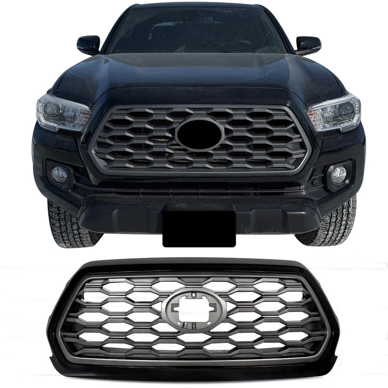 BUFEETERS   Front Bumper Grille W/Gray Grill Insert Fit For 2016 2017 2018 2019 2020 2021 2022 2023  Toyota Tacoma TRD,Honeycomb 2021 TRD Look Style,Gloss Black&Gray