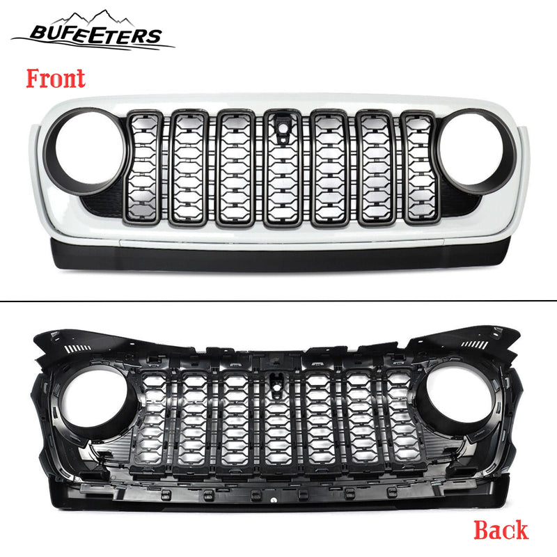 BUFEETERS  Front Bumper Upper Grille w/ Camera Hole Fit For 2018 2019 2020 2021 2022 2023 2024 Jeep Wrangler JL Gladiator JT,Rubicon Style,Bright White&Matte Black