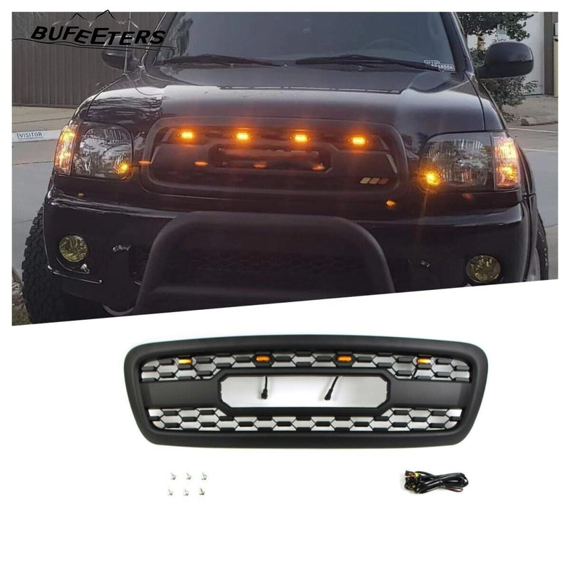 BUFEETERS Front Bumper Upper Grille W/Light Fit For 2001 2002 2003 2004 Toyota Sequoia,Mesh Style,Matte Black