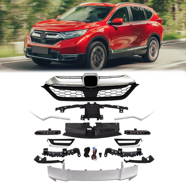 BUFEETERS  14Pcs Front Grille/Trim/LED Fog Lamp/Bumper Skid/Panel/Bracket Fit For 2017 2018 2019 Honda CRV CR-V,Factory Style,Chrome&Black