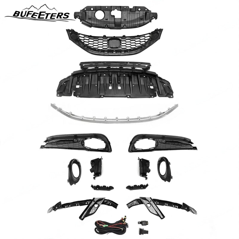 BUFEETERS  14PCS Front Bumper Upper Lower Grille Fog lights Bezel Fit For 2013 2014 2015 Honda Civic Sedan,Honeycomb Style,Chrome&Black