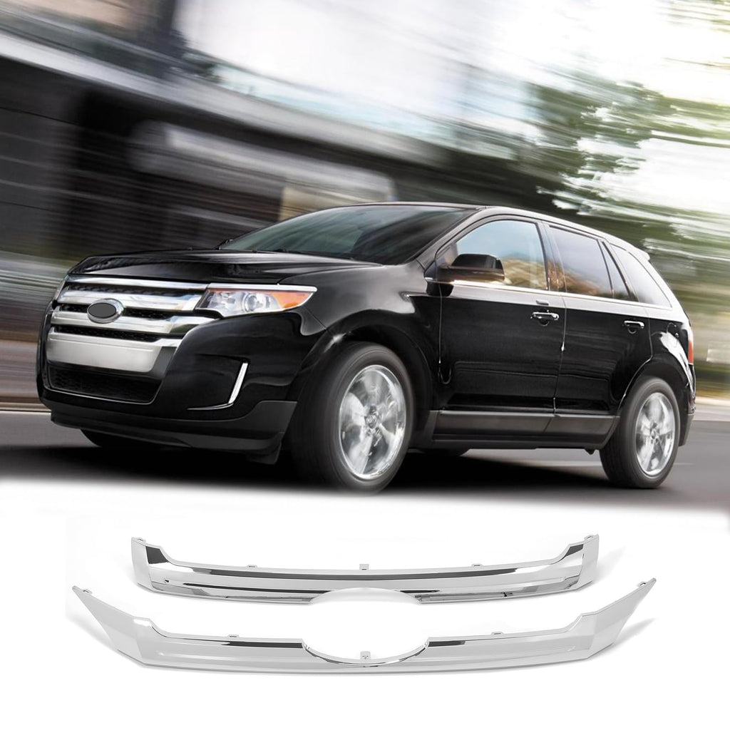 BUFEETERS 2PCS Front Upper & Center Grille Chrome Trim Fit For 2011 2012 2013 2014 Ford Edge,Factory Style,Chrome&Silver