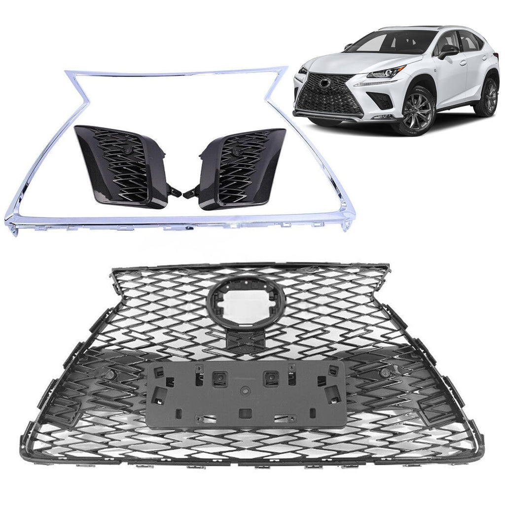 BUFEETERS  Front Bumper Grille Set Fit For 2018 2019 2020 2021 Lexus NX300 F Sport,Chrome&Black