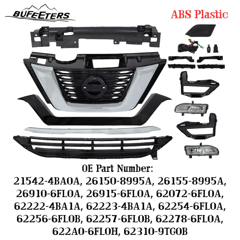 BUFEETERS 14PCS Front Upper Lower Grille Assembly Fog lights Kit Fit For 2017 2018 2019 2020 Nissan Rogue,Factory Style,Chrome&Black