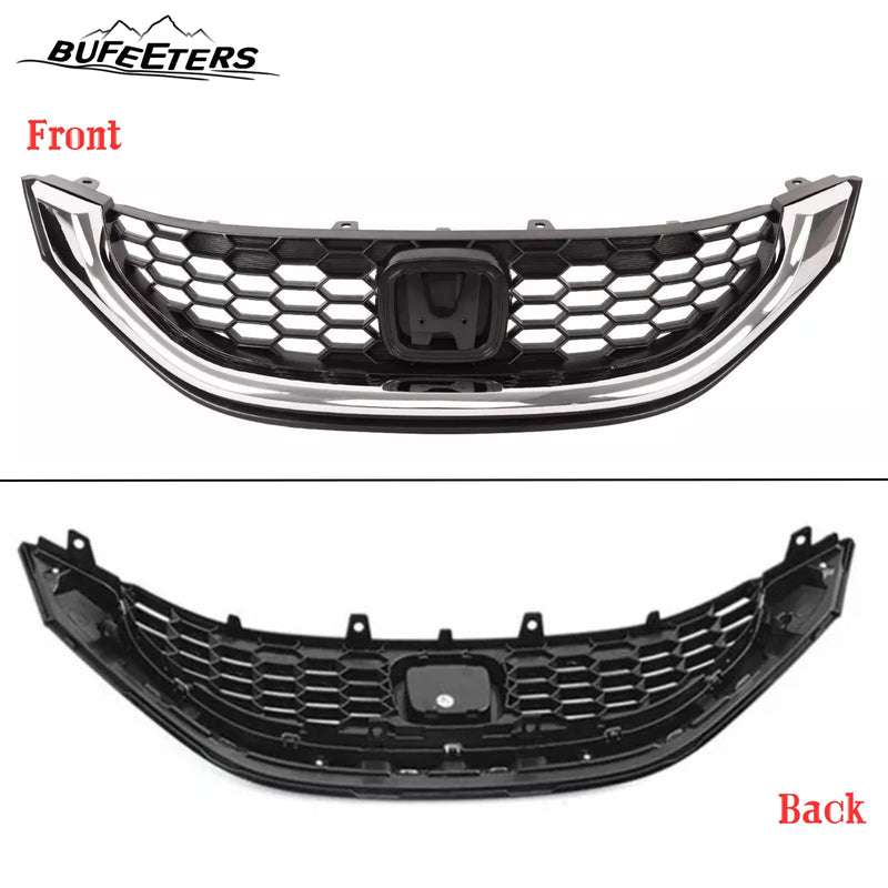 BUFEETERS  6PCS Front Radiator Grille Headlight & Bumper Brackets Fit For 2013 2014 2015 Honda Civic Sedan,Mesh Style,Chrome&Black