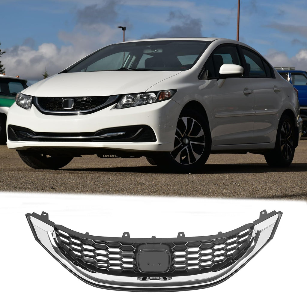 BUFEETERS  Front Bumper Upper Grille Grill w/ Chrome Trim Fit For 2013 2014 2015 Honda Civic Sedan,Honeycomb Style,Chrome&Black