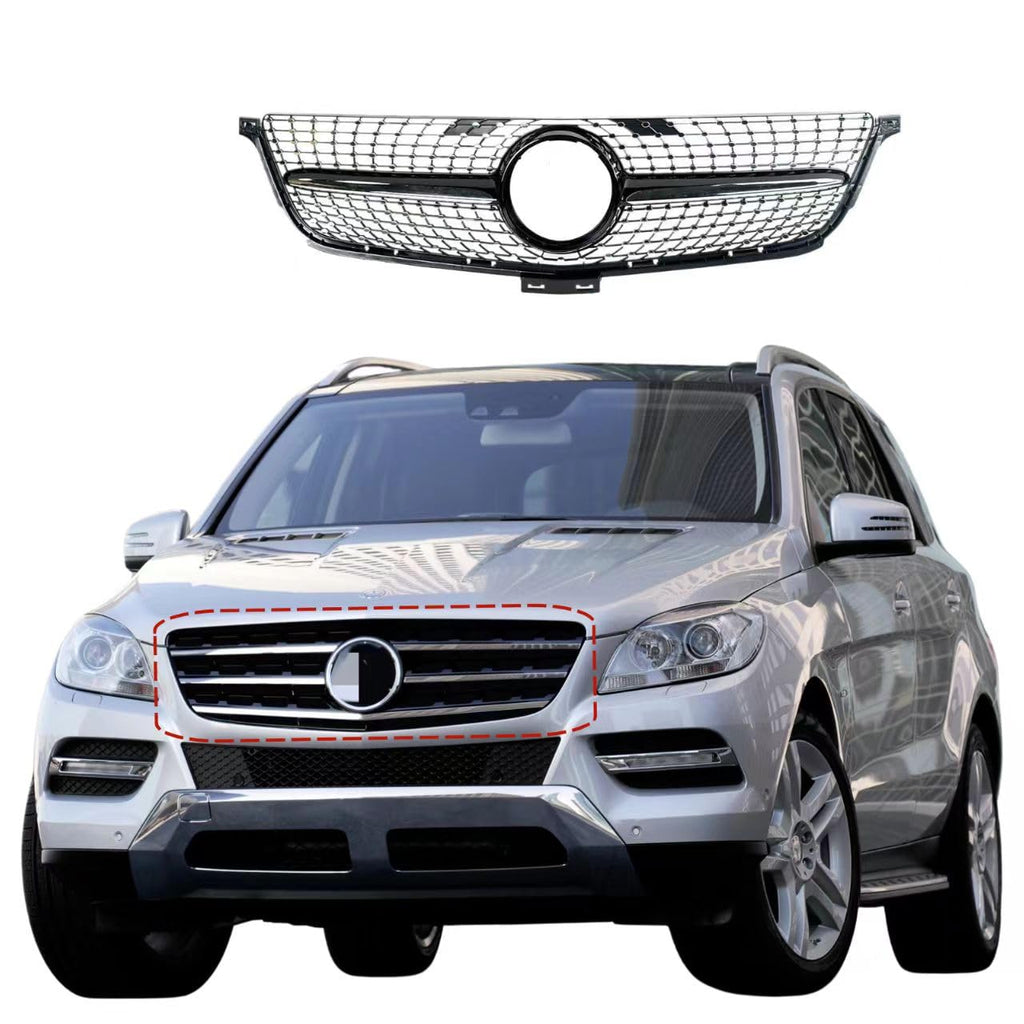 BUFEETERS   Front Bumper Upper Grille W/o Camera Hole Fit For 2012 2013 2014 2015 Benz W166 ML-Class Facelift,Diamond Style,Gloss Black