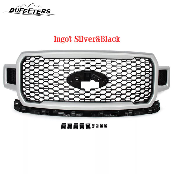 BUFEETERS  Front Radiator Grille Grill Assembly Fit For 2018 2019 2020 Ford F-150,Honeycomb Style,Ingot Silver&Black