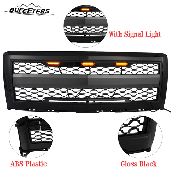 BUFEETERS Front Bumper Hood Upper Grille w/Light Fit For 2014 2015 Chevy Silverado 1500,Honeycomb Style,Gloss Black