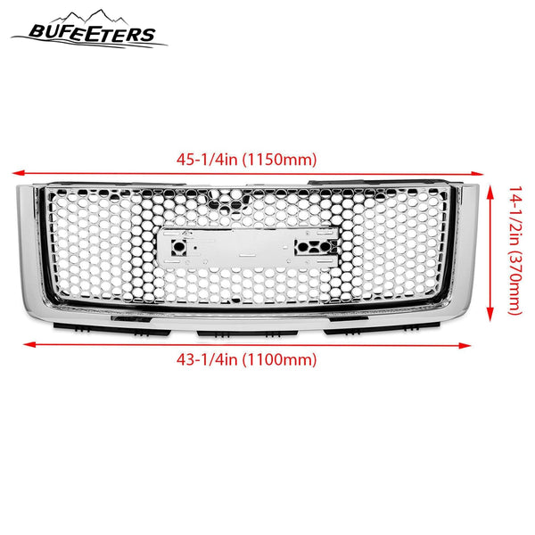 BUFEETERS  Front Bumper Upper Grille Fit For 2007 2008 2009 2010 2011 2012 2013 GMC Sierra 1500,Denali,Hybrid,Honeycomb Style,Chrome&Silver