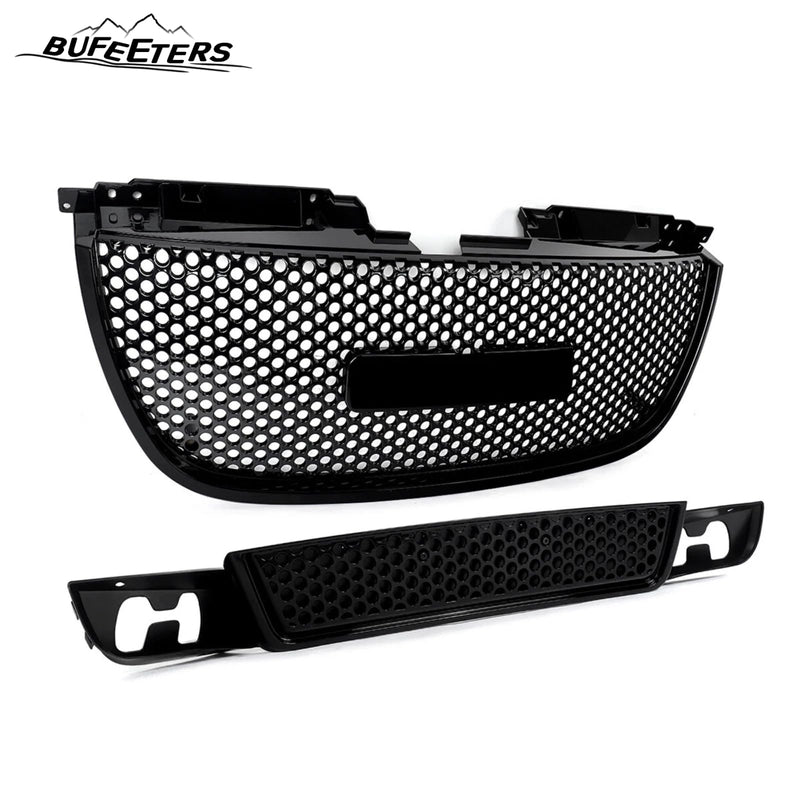BUFEETERS Front Upper Lower Grille Mesh Assembly Fit For 2007 2008 2009 2010 2011 2012 2013 2014 GMC Yukon/Yukon XL,Denali Style,Gloss Black