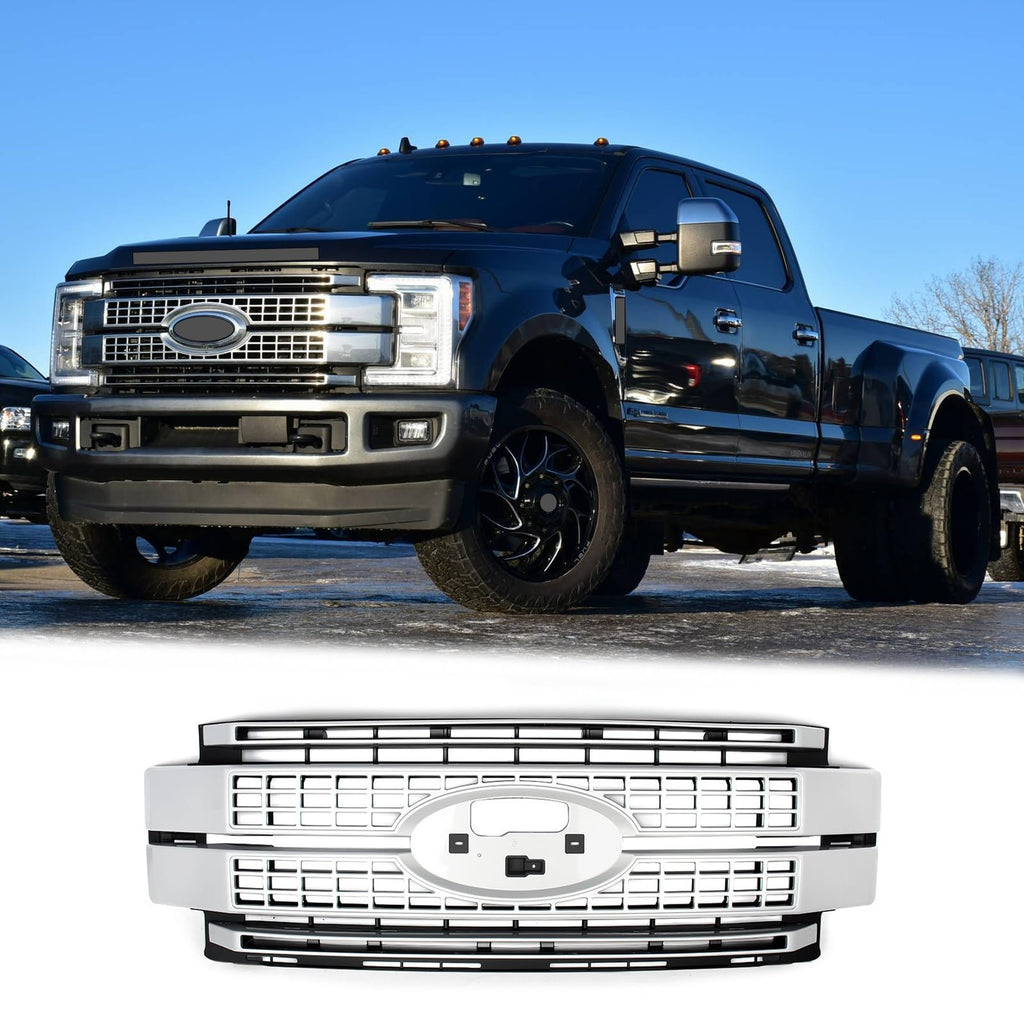 BUFEETERS Front Bumper Upper Grille W/o Camera Hole Fit For 2017 2018 2019 F-250 F-350 F-450 F-550 Super Duty,Platinum Style,Ingot Silver&Black