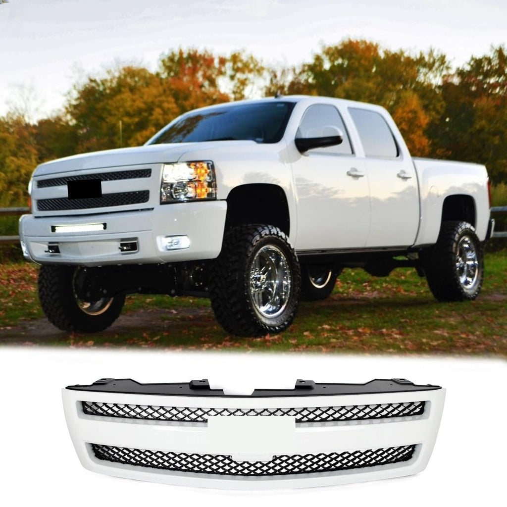 BUFEETERS Front Bumper Upper Grille Fit For 2007 2008 2009 2010 2011 2012 2013 Chevy Silverado 1500,Mesh Insert Style,Summit White&Matte Black