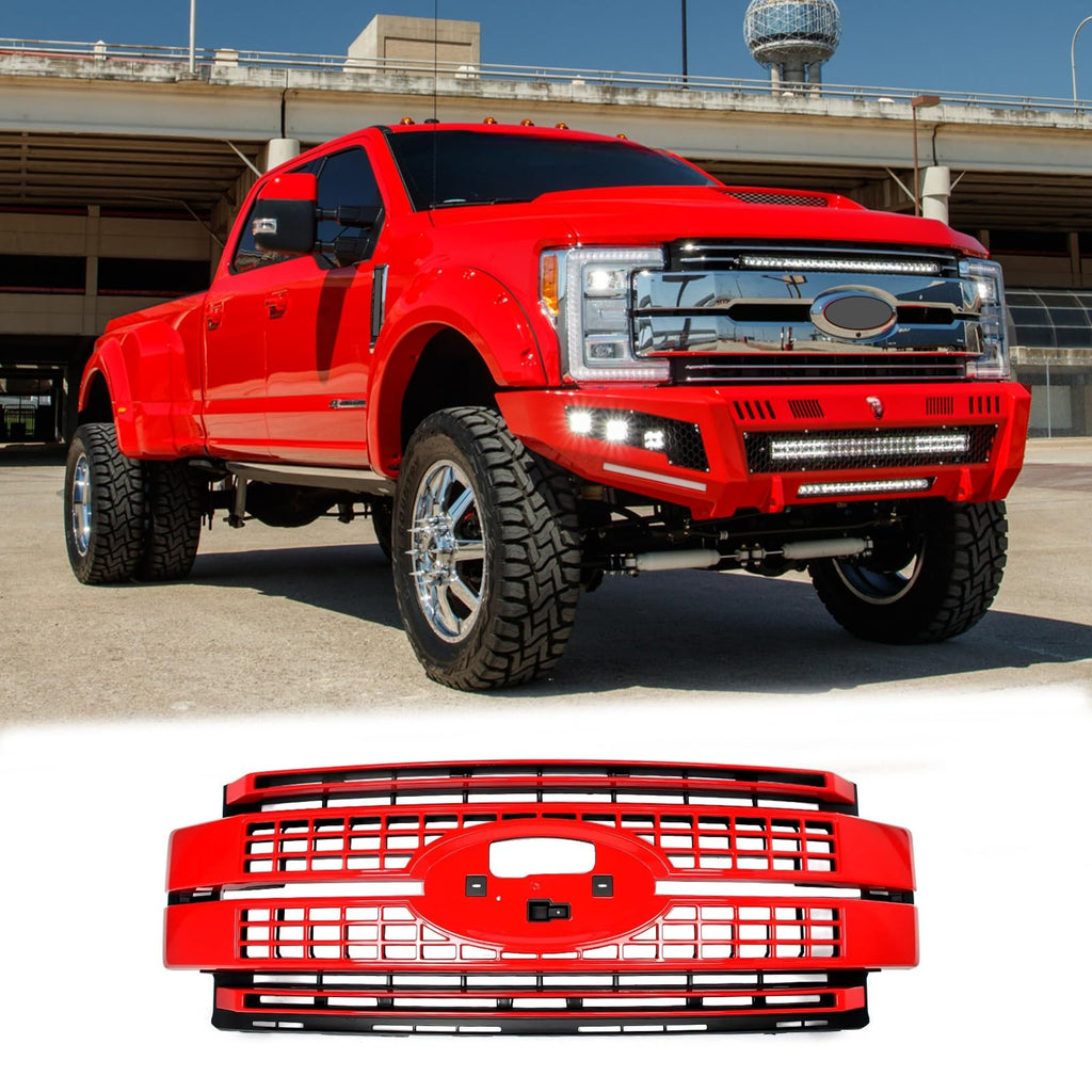 BUFEETERS Front Bumper Upper Grille Fit For 2017 2018 2019 F-250 F-350 F-450 F-550 Super Duty,Platinum Style,PQ Race Red&Matte Black