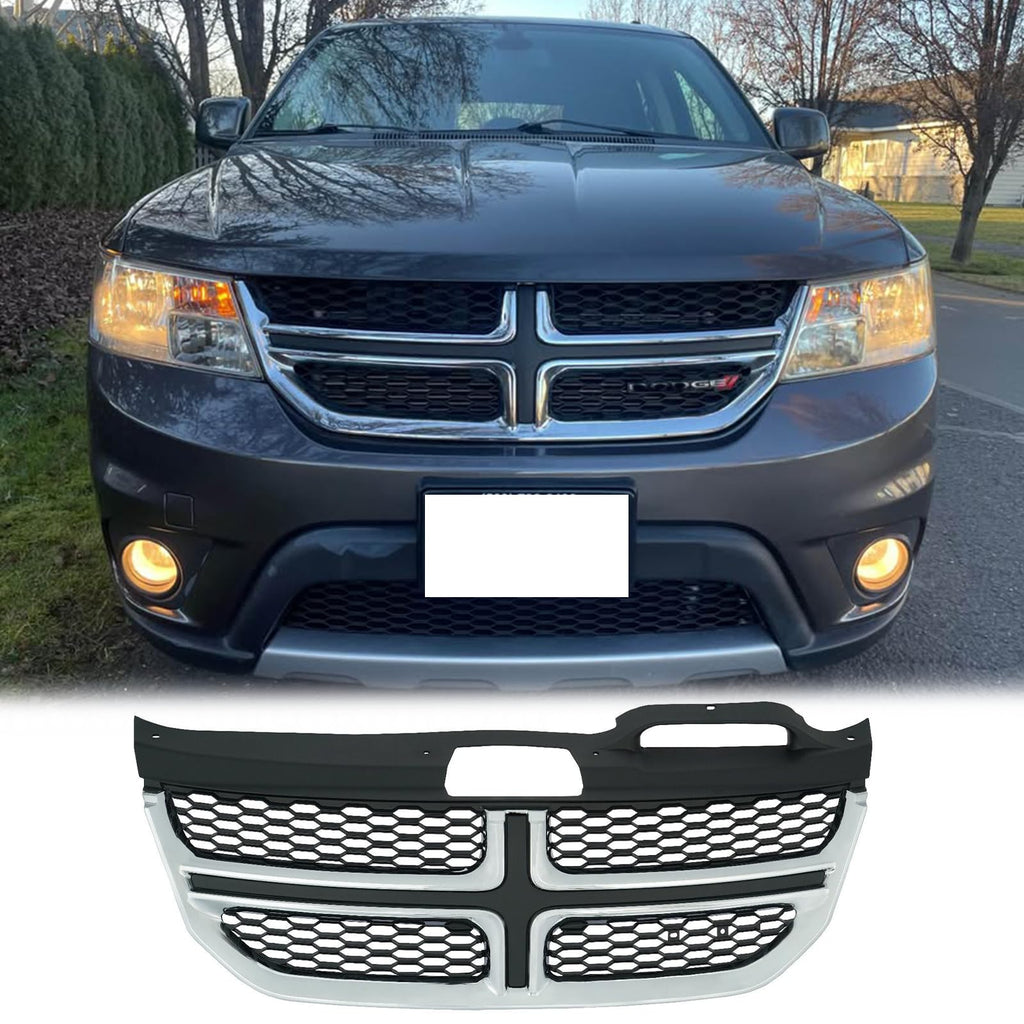 BUFEETERS  Front Bumper Upper Grille Fit For 2011 2012 2013 2014 2015 2016 2017 2018 2019 2020 Dodge Journey,Factory style,Black&Chrome