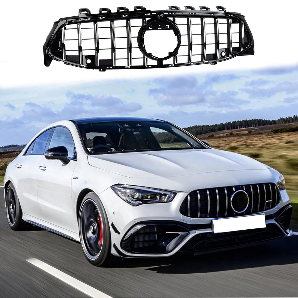 BUFEETERS  Front Bumper Upper Grille Fit For 2020 2021 2022 2023 Mercedes Benz CLA W118 C118 CLA35 AMG,GT/Panamericana Style,Chrome&Gloss Black