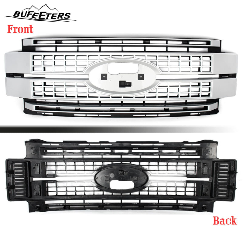 BUFEETERS Front Bumper Upper Grille W/o Camera Hole Fit For 2017 2018 2019 F-250 F-350 F-450 F-550 Super Duty,Platinum Style,Ingot Silver&Black