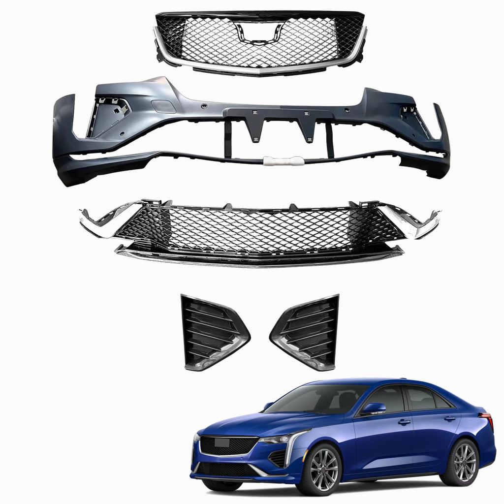 BUFEETERS  5Pcs Complete Front Bumper Grille Kit With Fog Lamp Cover Fit For 2020 2021 2022 2023 2024 Cadillac CT4,Factory Style,Chrome&Black