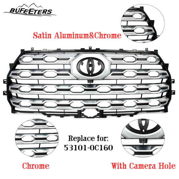 BUFEETERS   Front Bumper Grille Fit For 2022 2023 2024 Toyota Tundra Platinum,Mesh Style,Satin Aluminum&Chrome