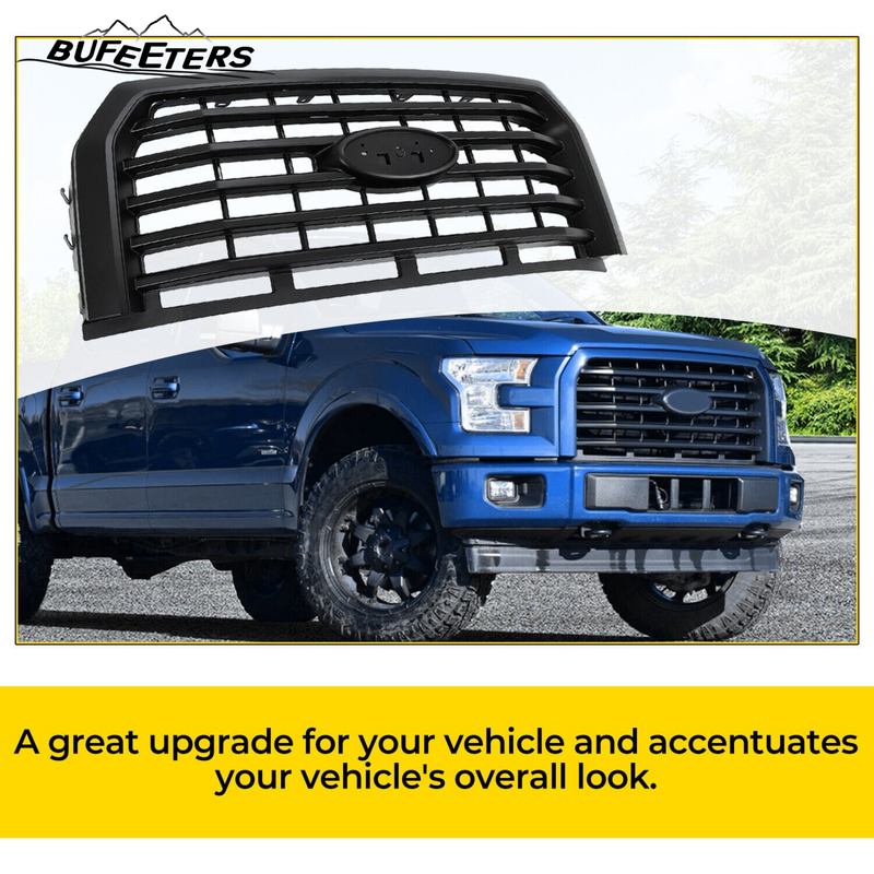 BUFEETERS  Front Bumper Upper Grille Fit For 2015 2016 2017 Ford F150 F-150,Horizontal Style,Matte Black