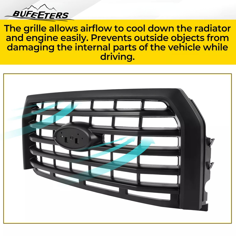 BUFEETERS  Front Bumper Upper Grille Fit For 2015 2016 2017 Ford F150 F-150,Horizontal Style,Matte Black