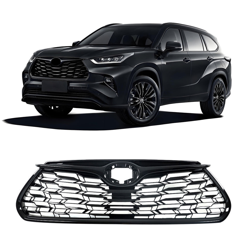 Front Upper Grille Grill NO Holes For 2020-22 Toyota Highlander Full Gloss Black