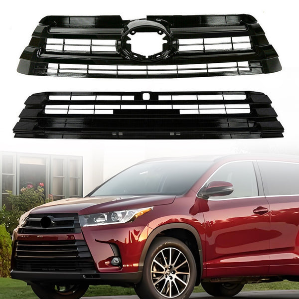 For 2018-2019 Toyota Highlander Front Upper and Lower Grille Gloss Black Grill