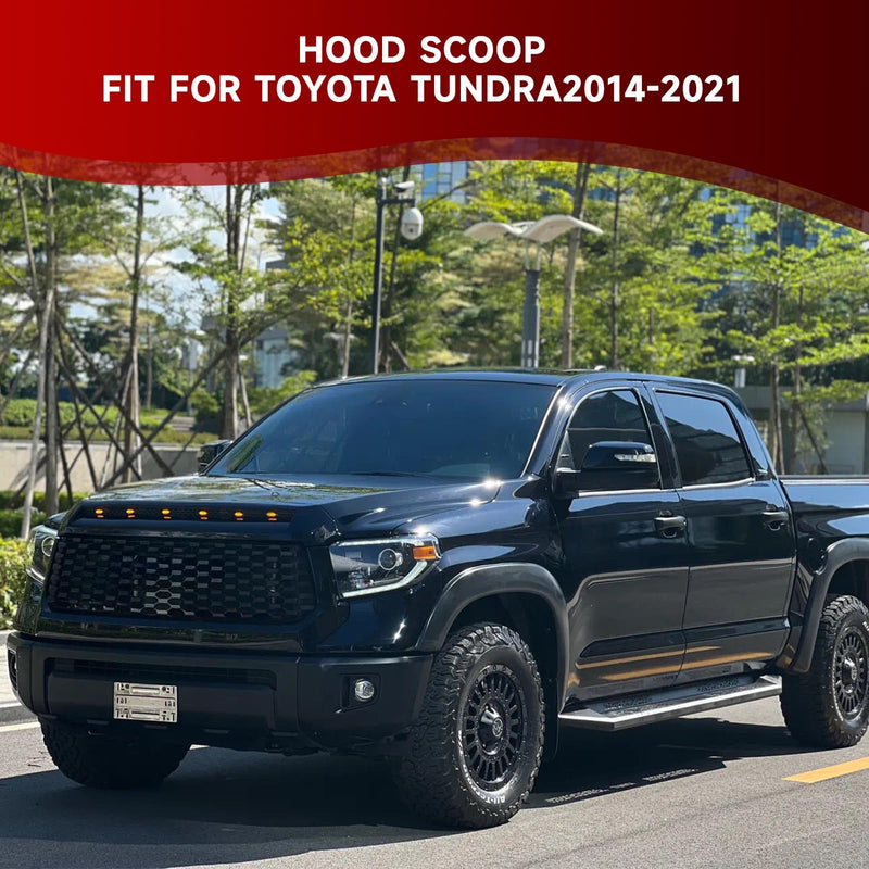 BUFEETERS  Front Upper Hood Scoop With Small Lights Fit For Toyota Tundra 2014 2015 2016 2017 2018 2019 2020 2021,Gloss Black