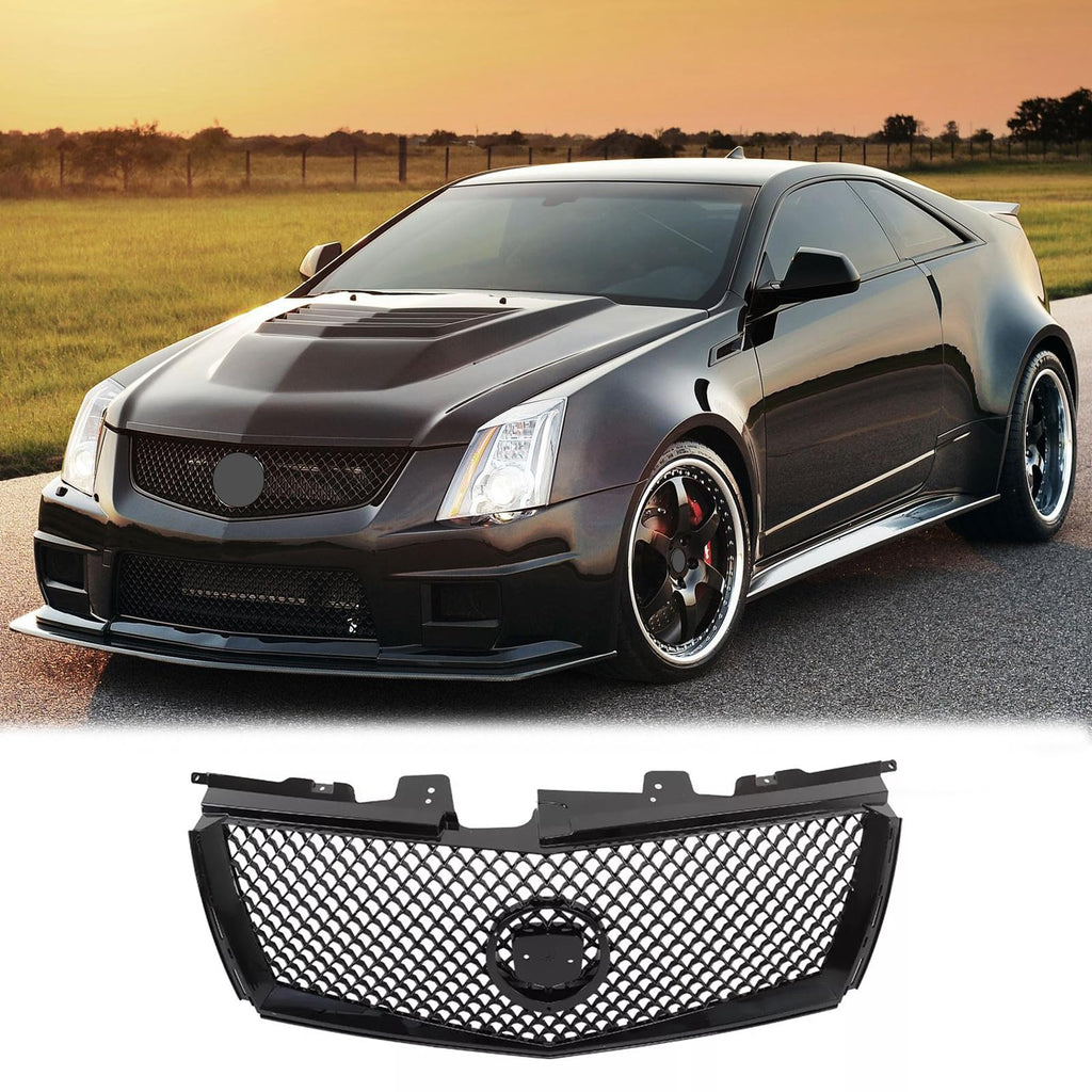 BUFEETERS  Front Bumper Upper Grille Fit For 2008 2009 2010 2011 2012 2013 Cadillac CTS,Mesh Style,Gloss Black