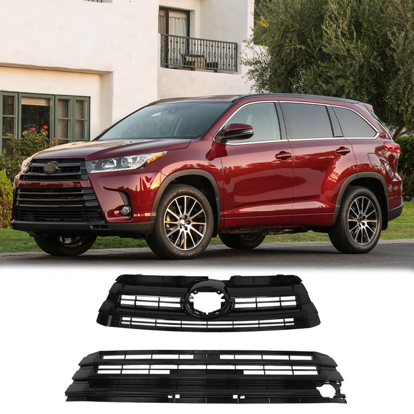 BUFEETERS Front Upper and Lower Grille w/O Camera Hole Fit For 2017 2018 2019 Toyota Highlander,Factory Style,Gloss Black