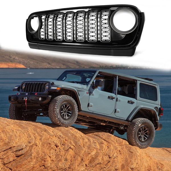 BUFEETERS  Front Bumper Upper Grille w/O Camera Hole Fit For 2018 2019 2020 2021 2022 2023 2024 Jeep Wrangler JL Gladiator JT,Mesh Style,Gloss Black