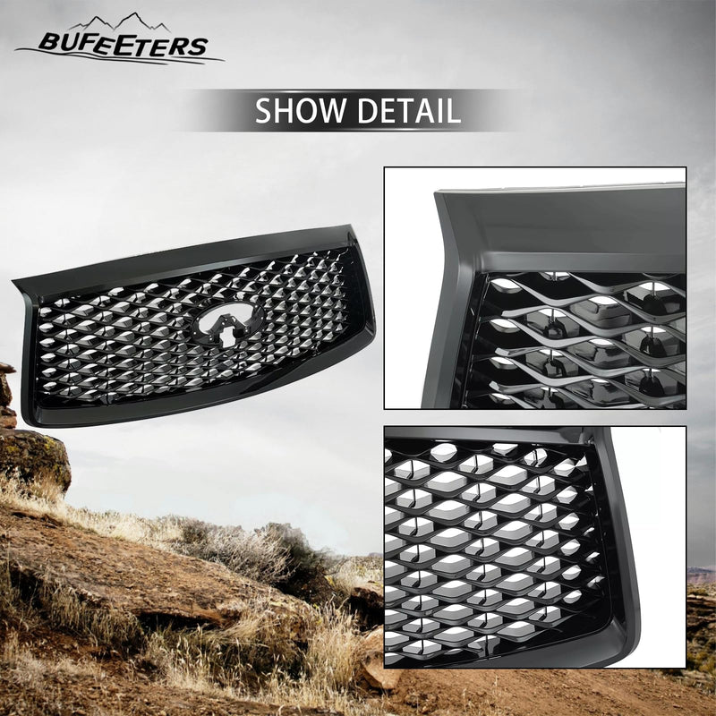 BUFEETERS  Front Upper Grille  W/ Camera Hole Fit For 2018 2019 2020 2021 INFINITI QX80,Mesh Style,Gloss Black