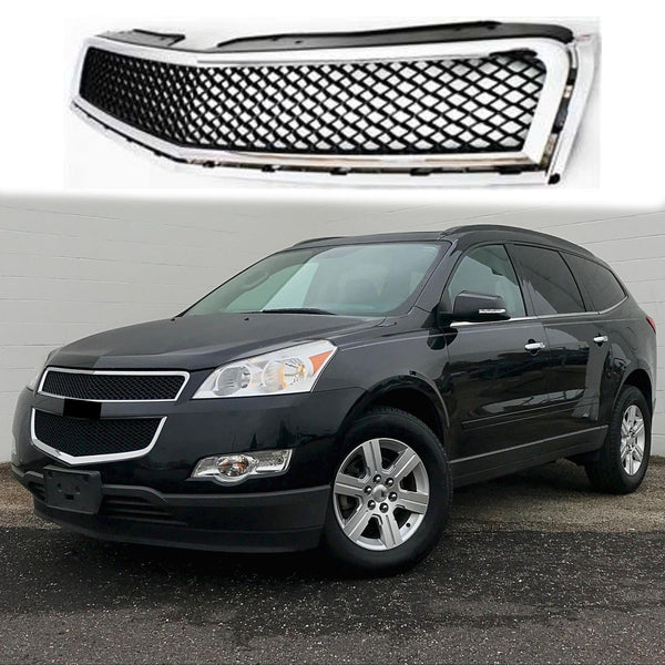 BUFEETERS  Front Bumper Upper Grille Fit For 2009 2010 2011 2012 Chevy Chevrolet Traverse,Honeycomb Style,Chrome Shell w/ Black Insert