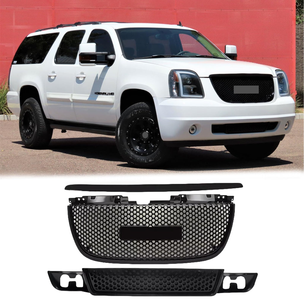 BUFEETERS Front Upper Lower Grille Hood Molding Trim Fit For 2007 2008 2009 2010 2011 2012 2013 2014 GMC Yukon/Yukon XL,Denali Style,Gloss Black