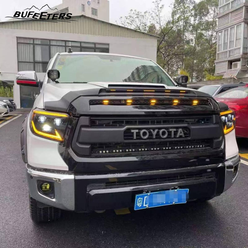 BUFEETERS  Front Upper Hood Scoop With Small Lights Fit For Toyota Tundra 2014 2015 2016 2017 2018 2019 2020 2021,Gloss Black