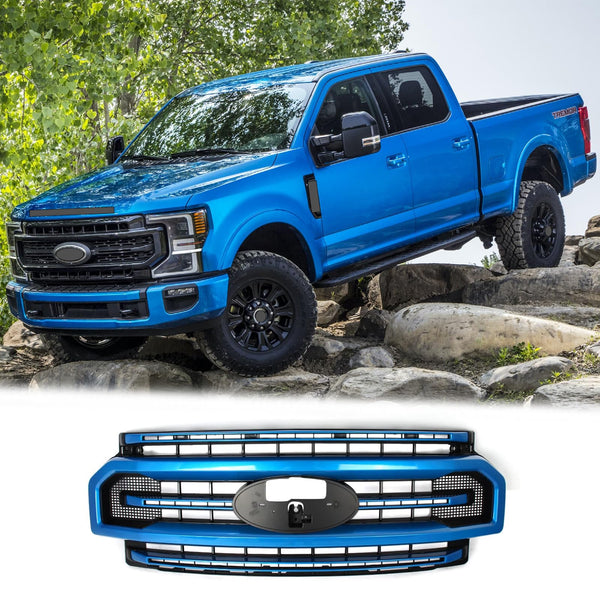 BUFEETERS Front Bumper Upper Grille Fit For 2020 2021 2022 F-250 F-350 F-450 F-550 Super Duty,Platinum Style,E7-Velocity Blue&Matte Black