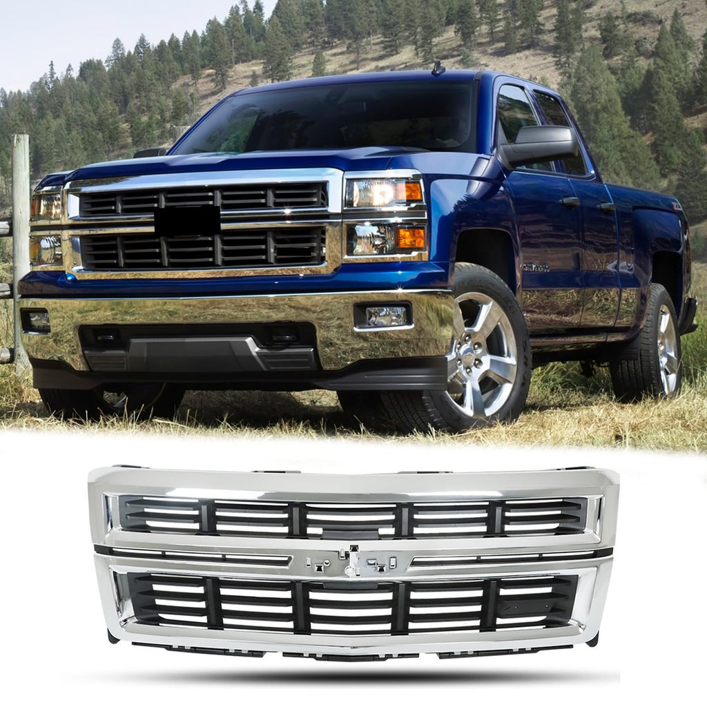 BUFEETERS Front Bumper Upper Grille Fit For 2014 2015 Chevy Silverado 1500,Factory Style,Black Grille with Chrome Surround