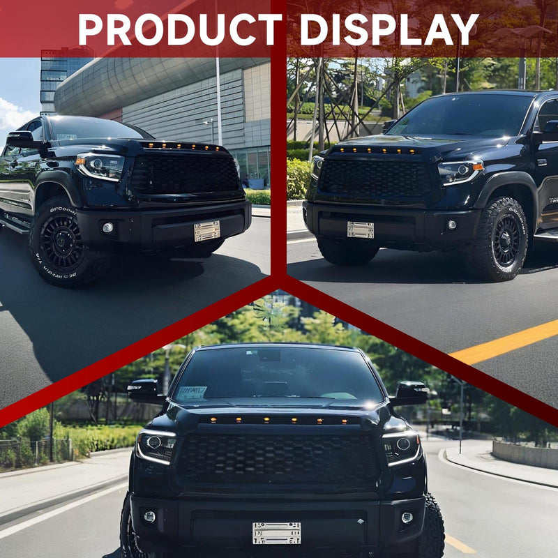 BUFEETERS  Front Upper Hood Scoop With Small Lights Fit For Toyota Tundra 2014 2015 2016 2017 2018 2019 2020 2021,Gloss Black