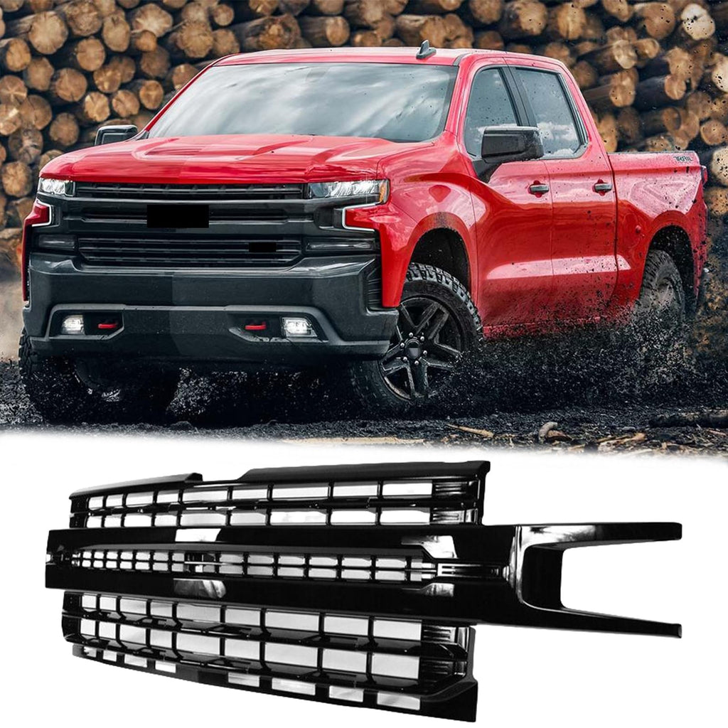 BUFEETERS Front Bumper Upper Grille Assembly Fit For 2019 2020 2021 Chevy Silverado 1500,LTZ Style/Horizontal Billet Style,Gloss Black