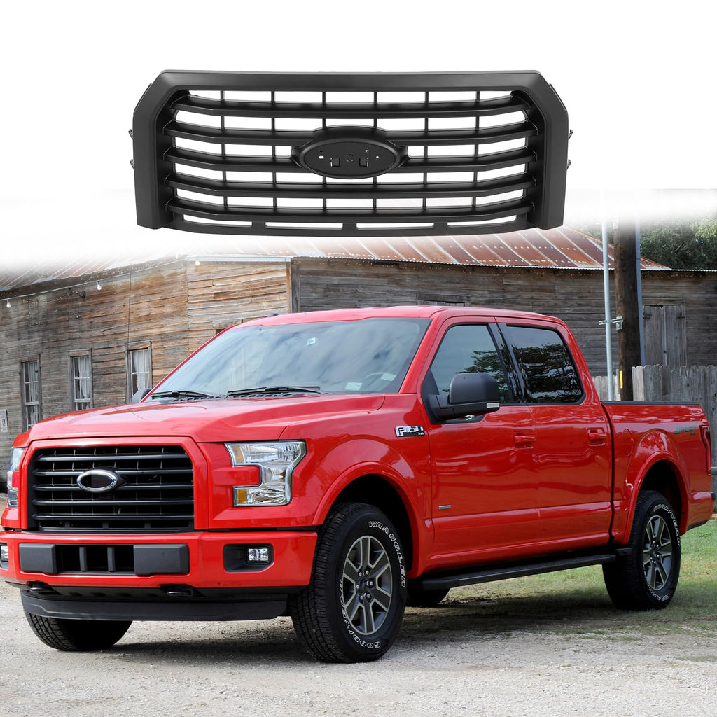 BUFEETERS  Front Bumper Upper Grille Fit For 2015 2016 2017 Ford F150 F-150,Horizontal Style,Matte Black