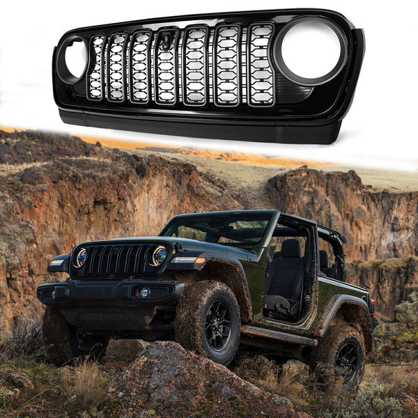 BUFEETERS  Front Bumper Upper Grille w/Camera Hole Fit For 2018 2019 2020 2021 2022 2023 2024 Jeep Wrangler JL Gladiator JT,Mesh Style,Gloss Black