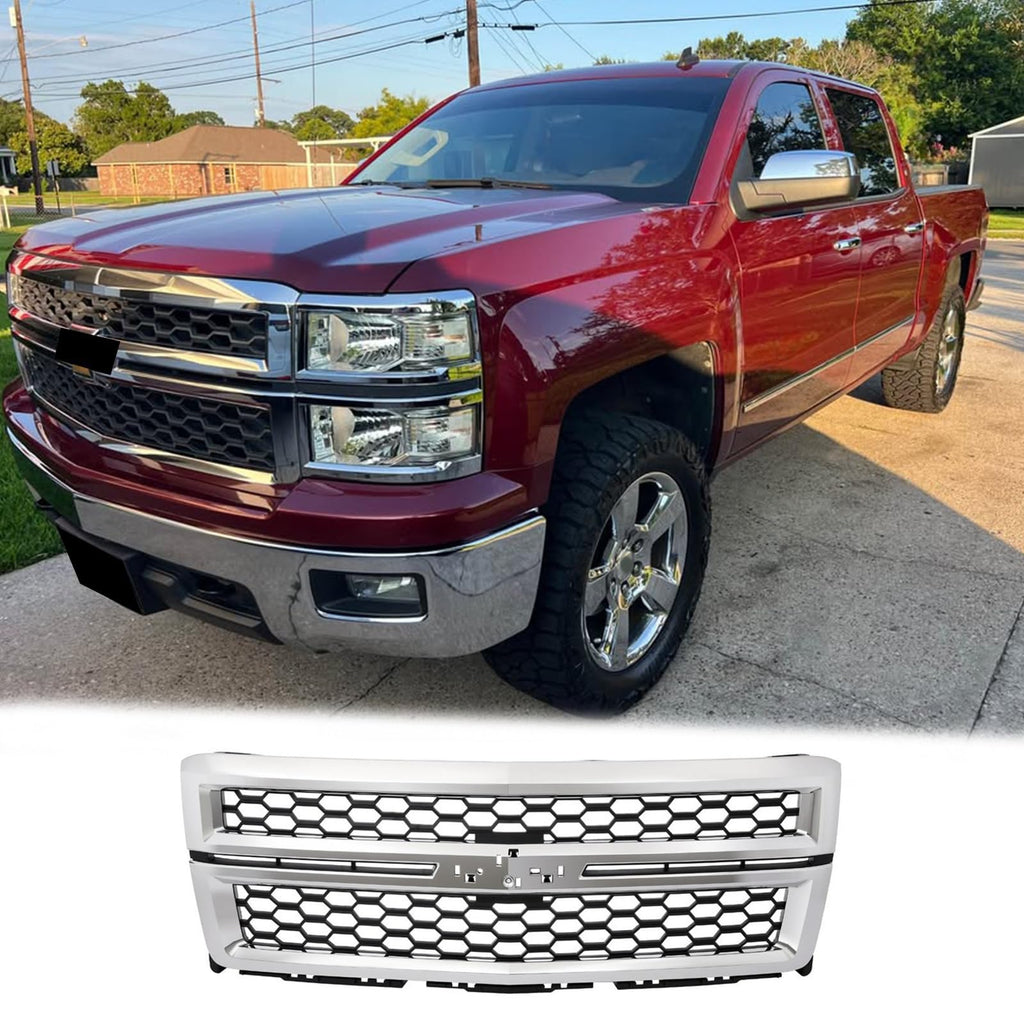 BUFEETERS Front Bumper Upper Grille Fit For 2014 2015 Chevy Silverado 1500,Honeycomb Style,Chrome&Black