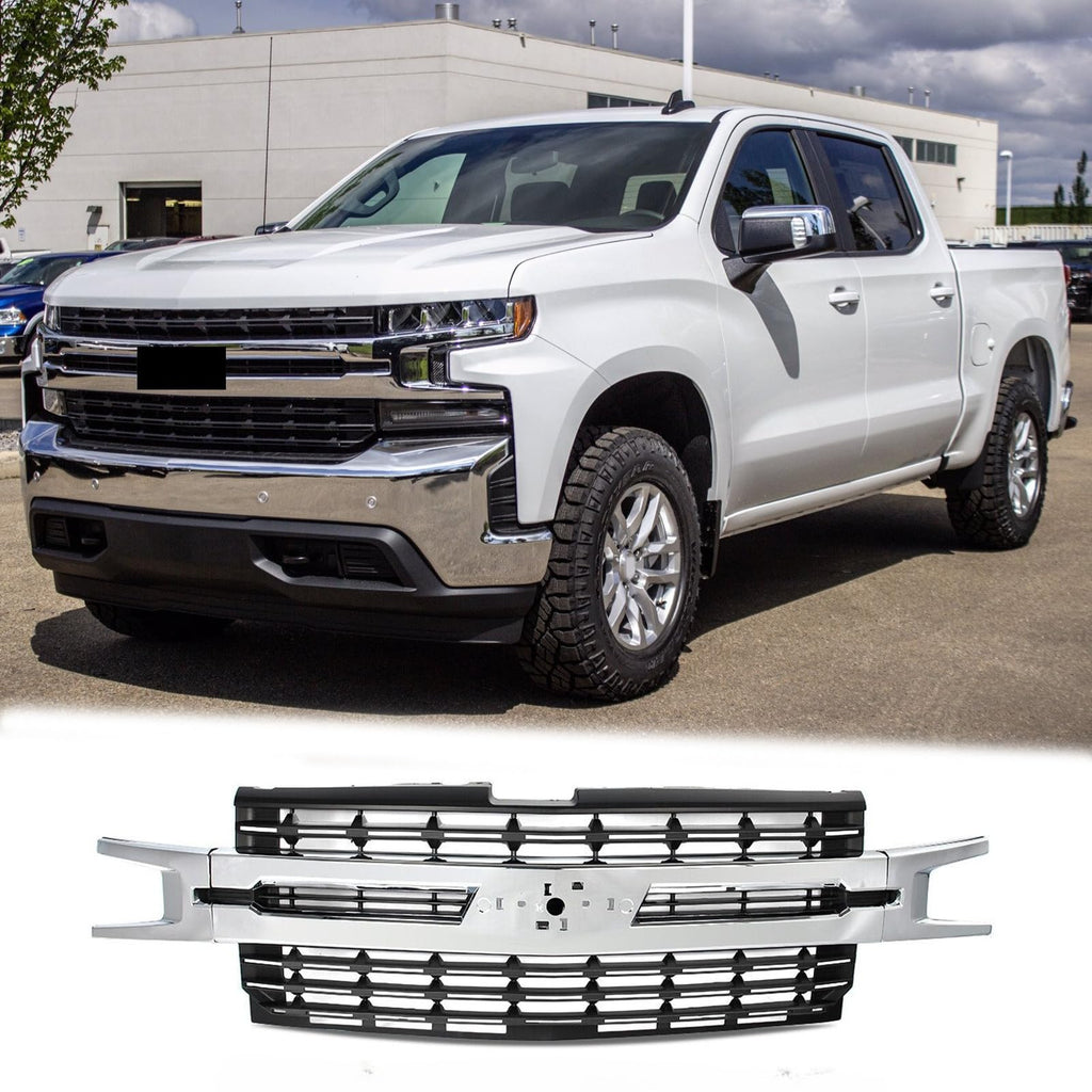 BUFEETERS Front Bumper Upper Grille Fit For 2019 2020 2021 Chevy Silverado 1500,Factory Style,Chrome&Matte Black