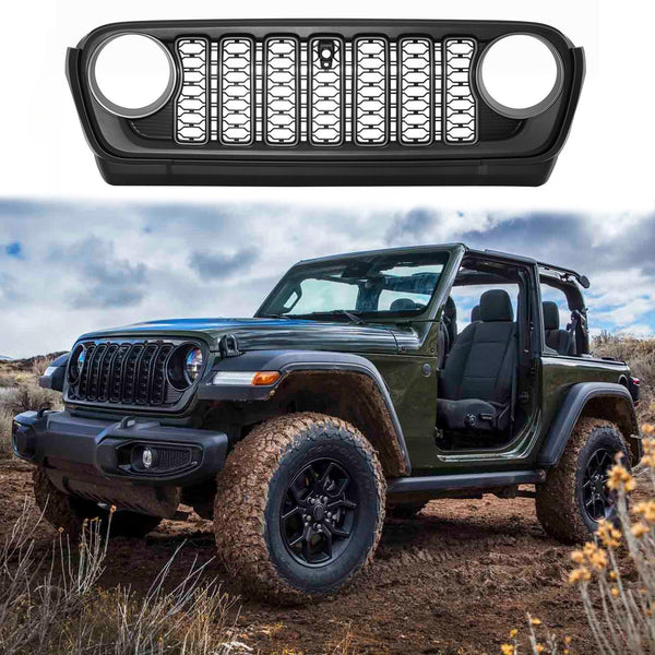 BUFEETERS  Front Bumper Upper Grille w/ Camera Hole Fit For 2018 2019 2020 2021 2022 2023 2024 Jeep Wrangler JL Gladiator JT,Mesh Style,Matte Black